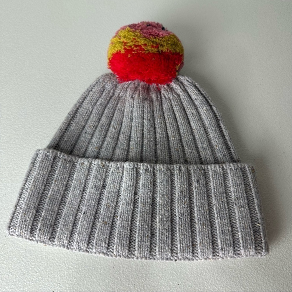 NEW Madewell Gray Rainbow 100% Merino Wool Pom-Pom Beanie